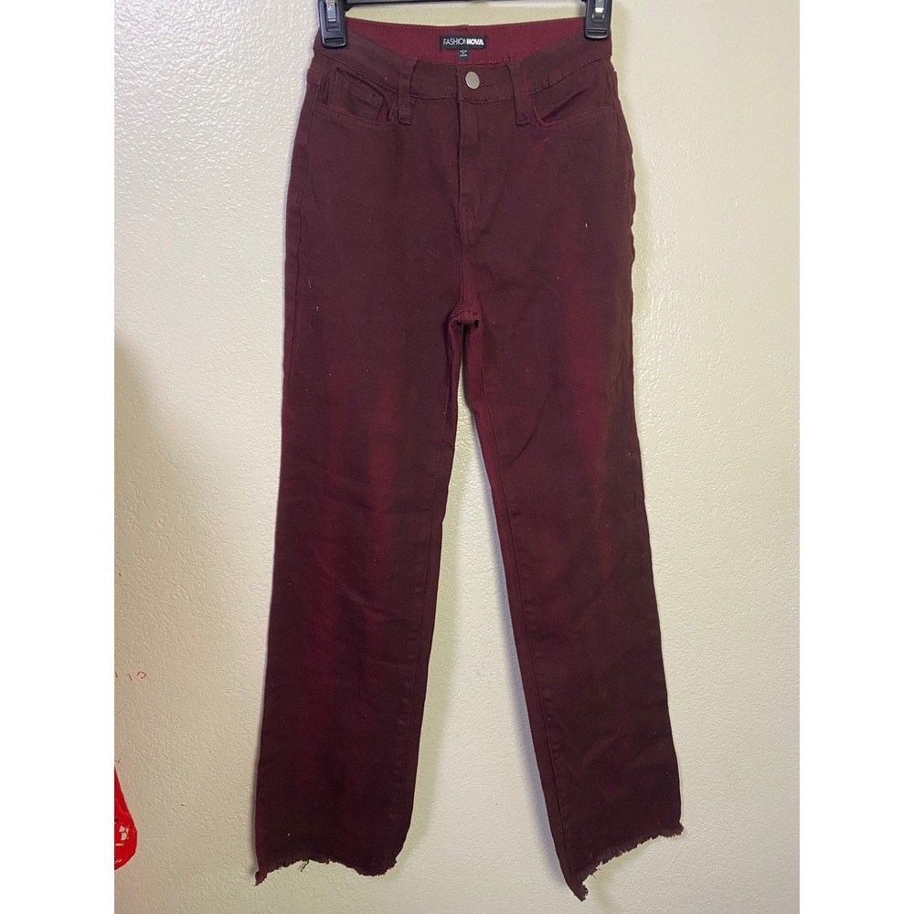 Fashion Nova Womens Burgundy Shiny High Rise Straight Leg Raw Hem Pants XS